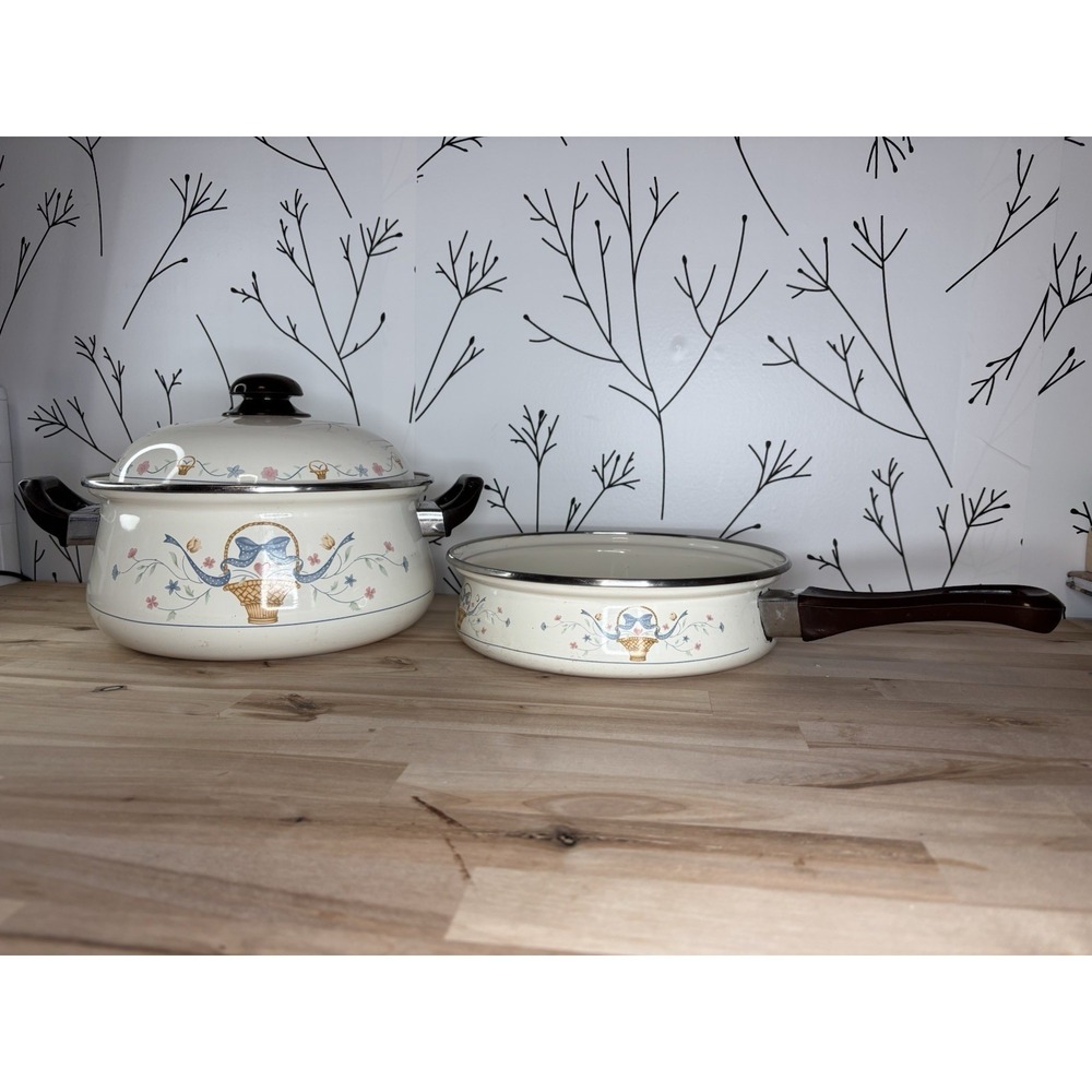VTG Enamel Floral 8.75" Stockpot & Saucepan Set with‎ Lid Granny & Cottage Core